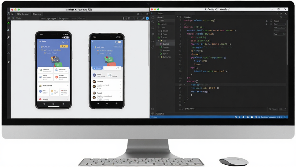 HBuilder X中uni-app项目多端预览效果图,主体为电脑屏幕分屏显示手机模拟器与代码编辑器,布局左右分布,风格写实,细节展示不同移动设备上的应用界面,画质精美,干净整洁