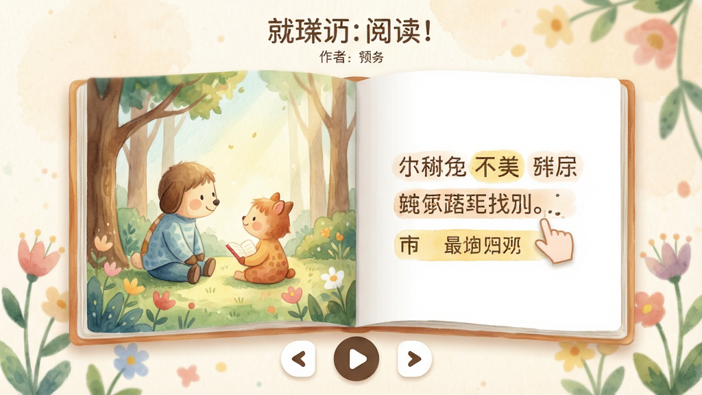 主体:绘本阅读界面,一本打开的电子绘本,左侧是插图,右侧是文字,底部有播放按钮;布局:左右分栏,上方是书名和作者,下方是翻页控件;排版:图文并茂,文字清晰;风格:温馨绘本风,水彩质感;细节:点击文字可发音,有高亮跟读提示,背景有花草装饰;画质:柔和细腻,干净无多余元素。