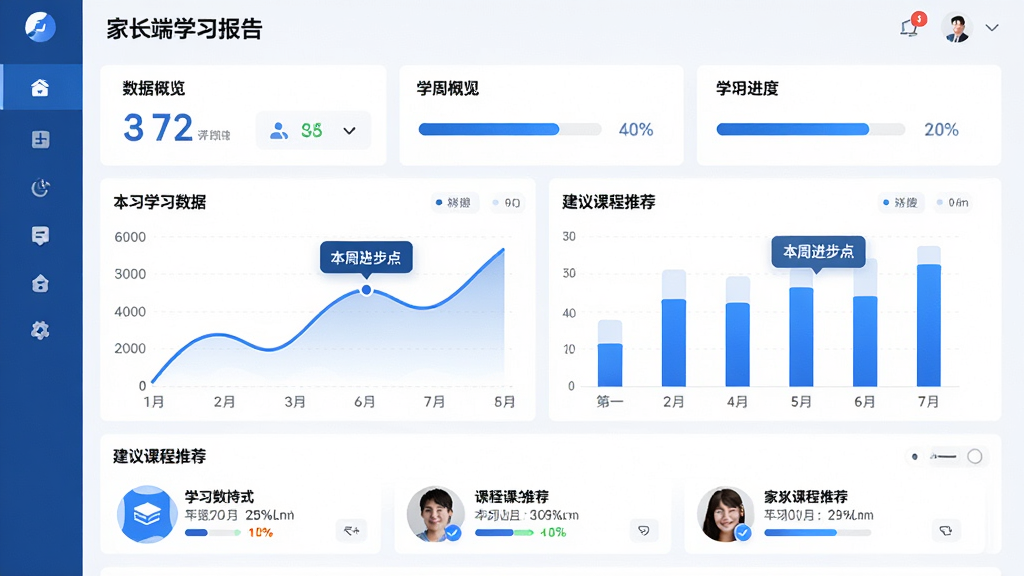 主体:家长端学习报告界面,以图表形式展示学习数据和进度条;布局:上方是数据概览,中间是折线图和柱状图,下方是建议课程推荐;排版:简洁清晰,数据可视化;风格:商务简约风,蓝白配色;细节:图表有动画效果,标注本周进步点;画质:高清细腻,干净无多余元素。