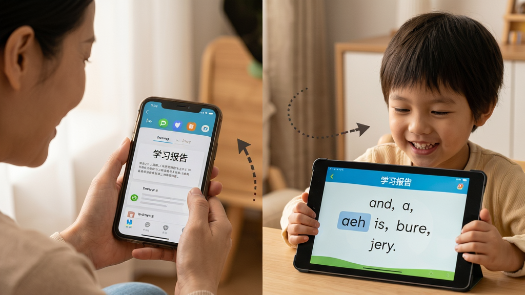 主体:家长正在使用手机查看孩子的学习报告,孩子在一旁开心地使用平板学习英语;布局:左侧是家长手机屏幕,右侧是孩子平板屏幕,中间有互动;排版:双屏对比,突出亲子互动;风格:写实生活照风格,光线温暖;细节:家长微笑,孩子跟读单词,屏幕上有“学习报告”字样;画质:高清细腻,干净无多余元素。
