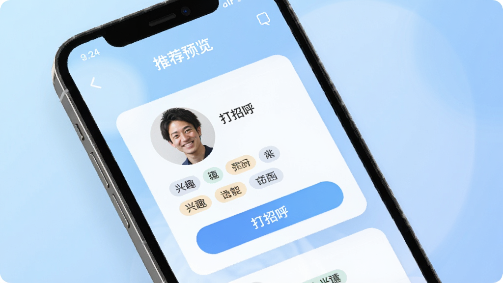 男岛智能匹配功能界面预览图,手机屏幕展示推荐用户卡片,卡片上有人物头像、兴趣标签和“打招呼”按钮,背景为柔和的渐变蓝色,布局规整,风格清新,细节丰富,画质干净