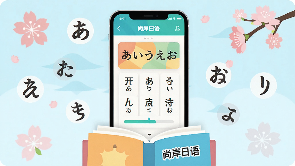 主体:尚岸日语应用界面,手机屏幕展示五十音图学习卡片,色彩清新;布局:手机居中,周围环绕日语假名元素和樱花装饰,底部有打开的书本;排版:简洁现代,主次分明;风格:扁平化插画风,明快活泼;细节:屏幕内显示“あいうえお”等假名,卡片有进度条,书本上有“尚岸日语”字样;画质:高清,干净,无多余元素。