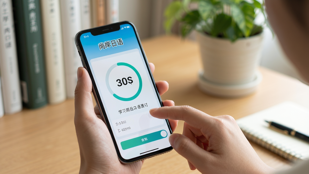 主体:尚岸日语手机使用场景,用户手持手机学习,屏幕显示学习进度;布局:用户手部特写,手机屏幕清晰显示应用界面,背景为书桌和绿植;排版:自然生活风格;风格:写实摄影,光线柔和;细节:屏幕上有“尚岸日语”字样和进度环,用户手指轻触屏幕;画质:高清,干净,无多余元素。