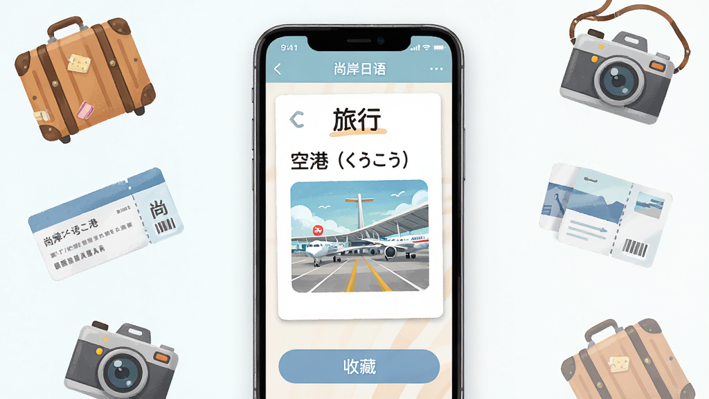 主体:尚岸日语词汇学习界面,手机屏幕显示“旅行”主题词汇卡片,配有关联图片;布局:手机居中,四周散落行李箱、机票、相机等图标;排版:杂志风格,图文结合;风格:清新插画风,色彩柔和;细节:屏幕内显示“尚岸日语”字样,词汇卡上有“空港(くうこう)”和机场图片,底部有“收藏”按钮;画质:高清,干净,无多余元素。