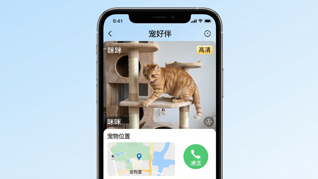 画面主体为一部智能手机屏幕显示“宠好伴”App的实时视频监控界面,视频中一只橘猫在猫爬架上玩耍,界面下方有“宠物位置”地图和“通话”按钮;布局采用手机居中正面展示,屏幕内容清晰可见;排版简洁科技感,背景为淡蓝色渐变;风格现代、直观,突出实时监控功能;细节包括App界面上的宠物名“咪咪”和“高清”标识;画质高清锐利,干净无多余元素。
