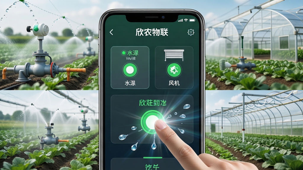 主体:智能手机屏幕显示“欣农物联”设备控制界面,界面中有水泵、卷帘、风机等设备开关按钮;布局:手机居中,四周环绕农田灌溉与温室大棚场景;排版:界面按钮清晰,状态指示灯醒目;风格:写实与科技结合;细节:手指点击按钮的瞬间,水滴与光线特效;画质:高清晰度,干净无多余元素