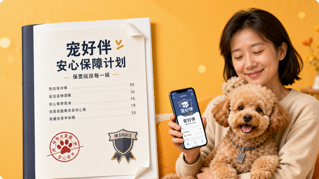 画面主体为一份带有“宠好伴安心保障计划”字样的保险单和一位抱着泰迪犬的宠物主人,主人表情轻松愉快;布局采用左右构图,保险单在左,人物在右;排版正式而亲切,背景为温暖的橙黄色;风格写实、可靠,突出保障感;细节包括保险单上的印章和宠物主人手拿手机查看“宠好伴”App;画质细腻柔和,干净无多余元素。