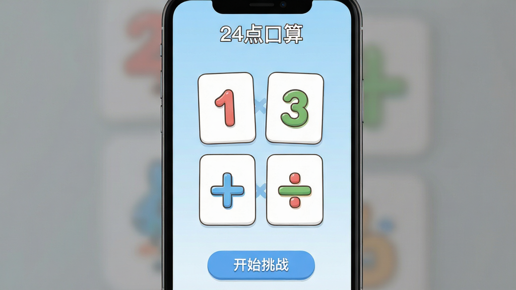 一幅现代扁平化风格的应用预览图,主体为智能手机屏幕展示“24点口算”主界面,屏幕中央显示四张卡通数字卡片与加减乘除符号,背景为柔和的淡蓝色渐变,布局简洁明快,排版突出中央数字区域,风格干净清爽,细节包括顶部“24点口算”标题字样与底部“开始挑战”按钮,画质高清,干净,无多余元素