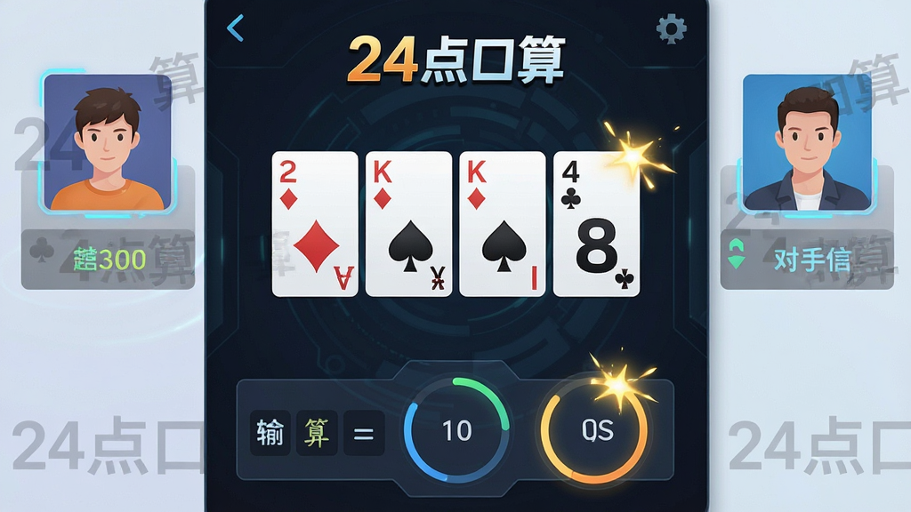 一幅对战模式界面图,主体为左右分屏的手机界面,左侧显示玩家头像与得分,右侧显示对手信息,屏幕中央为四张扑克牌数字,底部有输入算式区域与倒计时圆环,布局对称,排版紧凑,风格为现代科技感,细节包括“24点口算”logo水印与连击特效光晕,画质高清,干净,无多余元素