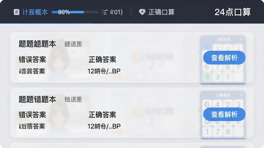 一幅错题本界面预览图,主体为列表形式展示错题记录,每条记录包含题目、错误答案与正确答案,右侧有“查看解析”按钮,布局为半透明卡片式,排版清晰,风格简约商务,细节包括顶部统计概览条与“24点口算”字样,画质干净,无多余元素