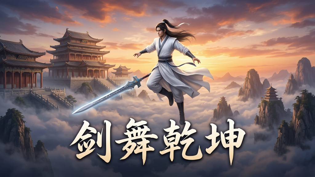 一张《剑舞乾坤》游戏宣传海报,主体为一位白衣侠客御剑飞行于云雾缭绕的仙山之巅,身后是恢弘的古风建筑与绚丽的晚霞,画面下方有“剑舞乾坤”四个大字,整体布局大气磅礴,风格写实唯美,细节精致,画质高清,干净无多余元素。