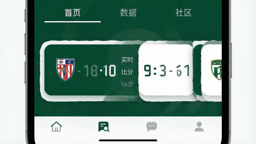 我i足球应用主界面预览图,展示首页赛事列表与比分板块,整体布局采用深绿与白色主色调,顶部导航栏清晰标注“首页”“数据”“社区”选项卡,中部为滚动赛事卡片,包含球队队徽与实时比分数字,底部为功能图标栏,风格现代简洁,UI设计精致,画质清晰干净,无多余元素