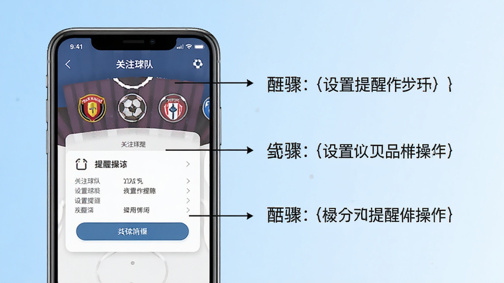 我i足球使用指南示意图,手机操作界面旁标注步骤说明文字,背景为浅蓝色渐变,界面展示关注球队与设置提醒的操作流程,布局清晰,排版简洁,风格教育向,细节丰富,画质干净无多余元素