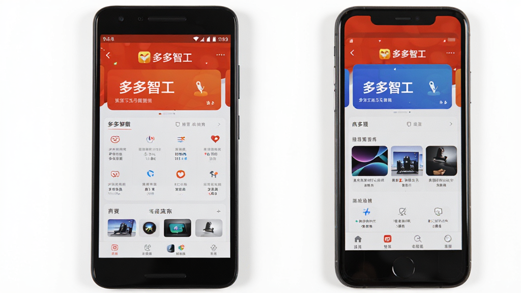 图片主体为两部手机并排放在桌面上,一部为安卓手机,一部为苹果手机,均打开多多智工应用界面。布局采用平行构图,两部手机屏幕相对,展示软件在不同设备上的适配情况。排版风格简洁,背景为纯白色。细节上,手机屏幕显示软件主界面,界面元素清晰。画质高清,画面干净,无多余元素。