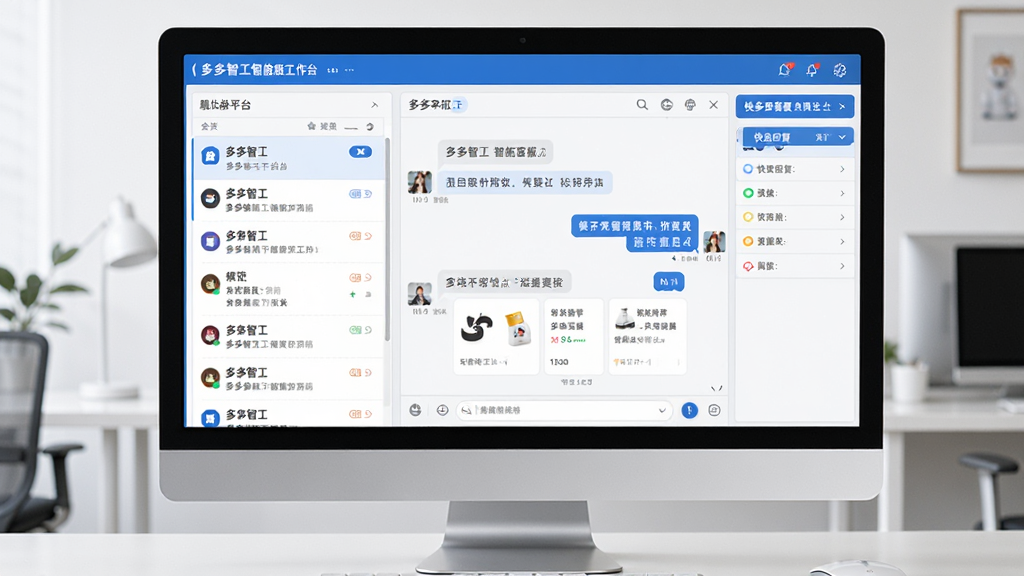 图片主体是电脑显示器上显示的多多智工智能客服工作台界面,左侧为多平台会话列表,右侧为聊天窗口与快捷回复面板。布局采用左右分栏式结构,界面设计扁平化,主色调为科技蓝与白色。排版上信息层级分明,各功能区块边缘有细微阴影。细节中,聊天窗口内包含文字和商品卡片消息。画质清晰锐利,界面整洁无多余元素。