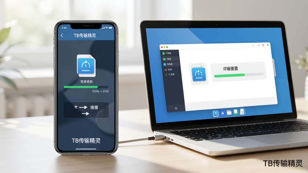 一张展示TB传输精灵在手机与电脑之间进行文件传输的实景场景图,桌面上摆放着智能手机和笔记本电脑,屏幕上都显示着TB传输精灵的界面,界面中有文件传输进度条,光线明亮,构图平衡,风格写实,画质高清,干净无多余元素,带有“TB传输精灵”字样