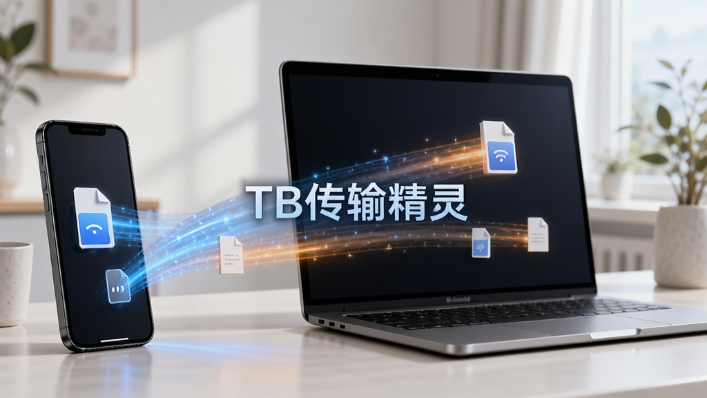 一幅动态效果图,展示TB传输精灵在手机与笔记本电脑之间以光束形式高速传输多个文件,背景是简洁的居家办公环境,画面中央有“TB传输精灵”的悬浮字样,光束颜色为蓝色和橙色渐变,风格写实且充满科技感,画质高清,干净无多余元素