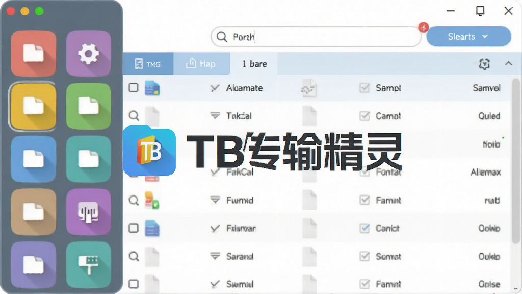 一张TB传输精灵文件分类管理界面的截图预览图,界面左侧为彩色分类图标栏,右侧为文件列表,顶部有搜索框,整体风格扁平化,色彩明快,图片中央标注着“TB传输精灵”的Logo,画质清晰,布局整洁,无多余元素