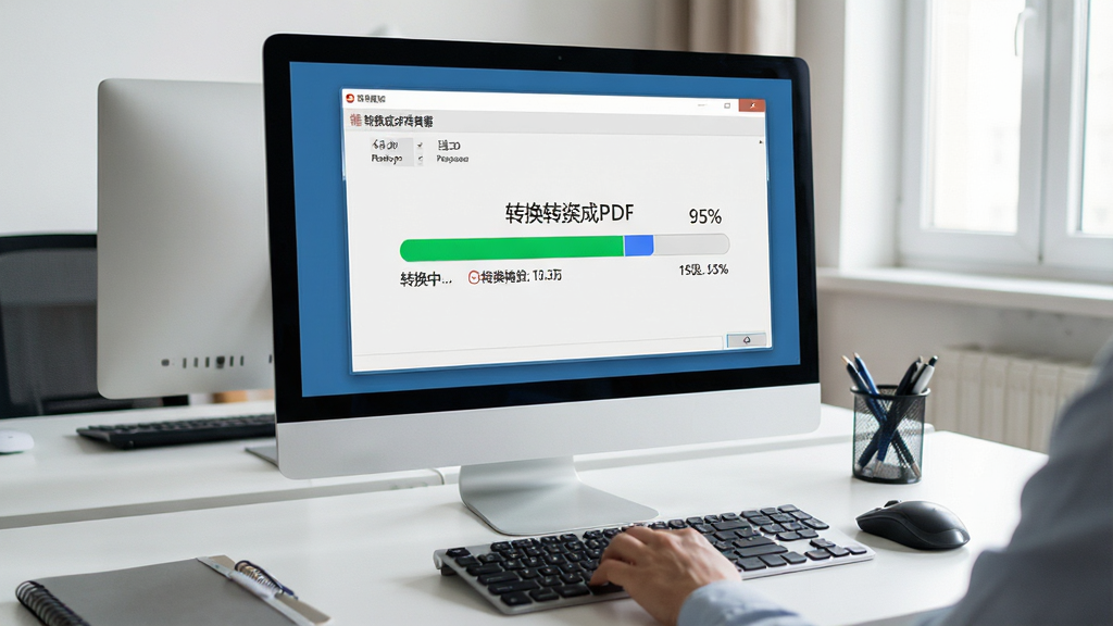 主体:Word转换成PDF转换器软件在电脑上运行的实拍场景,屏幕显示转换进度条,周围有办公用品;布局:电脑屏幕居中,键盘和鼠标在下方,桌面整洁;排版:屏幕显示软件界面,进度条清晰可见;风格:真实办公场景,自然光;细节:屏幕上有“转换中…”和进度百分比,键盘上有手指在操作;画质:高清,干净,无多余元素。