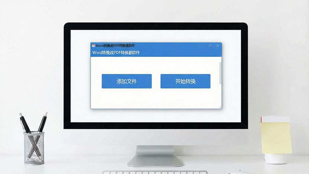 主体:Word转换成PDF转换器软件界面截图,显示软件主窗口,包含添加文件按钮和转换按钮,背景为干净的办公桌面,电脑屏幕清晰展示软件操作界面;布局:软件界面居中,周围留白,桌面整洁,有少量办公用品如笔和便签;排版:软件窗口比例协调,按钮排列整齐,界面色调以蓝色和白色为主;风格:现代简约风格,界面设计简洁明了;细节:窗口标题栏显示“Word转换成PDF转换器软件”,按钮上有文字“添加文件”和“开始转换”;画质:高清,干净,无多余元素。