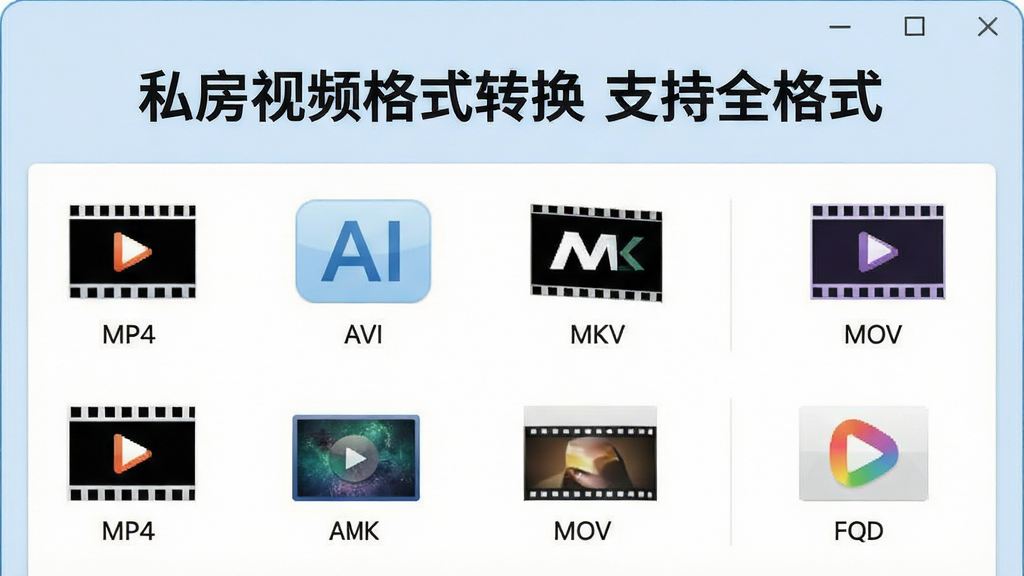 一张展示私房视频格式转换软件格式选择界面的示意图,界面列出多种视频格式图标,包括MP4、AVI、MKV、MOV等,背景为淡蓝色,文字标注“私房视频格式转换 支持全格式”,布局清晰,画质干净,无多余元素