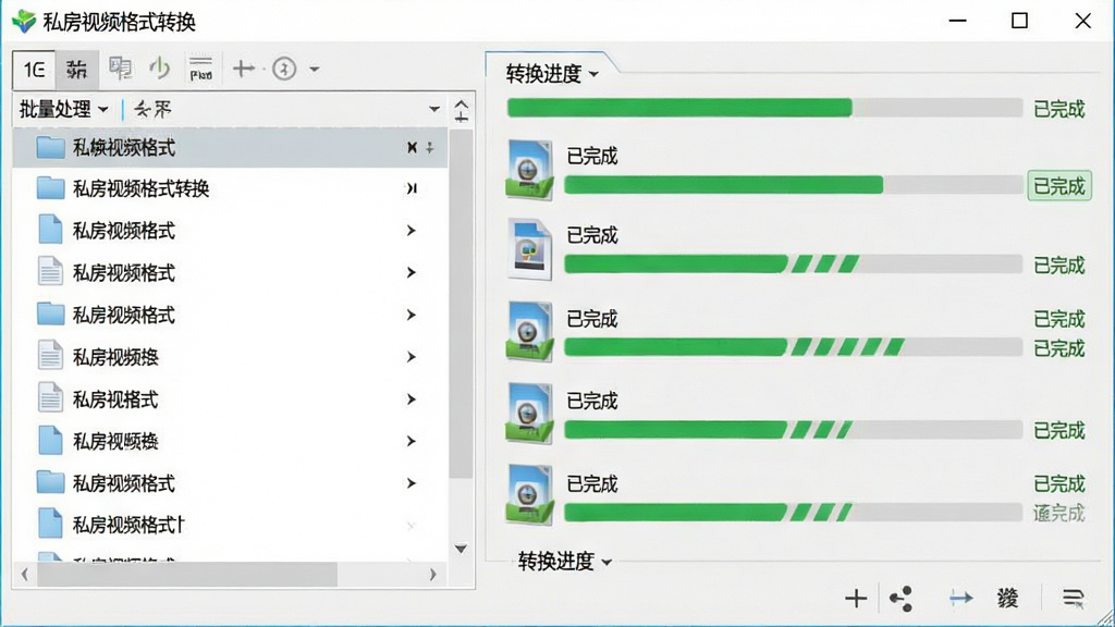 一张展示私房视频格式转换软件批量处理界面的截图,界面左侧为文件列表,右侧为转换进度,多个文件状态显示“已完成”,背景为浅灰色,软件名称“私房视频格式转换”位于顶部,画质干净,无多余元素