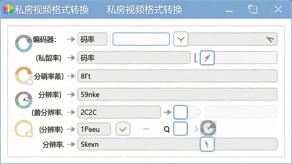 一张展示私房视频格式转换软件高级参数设置界面的示意图,界面包含编码器、码率、分辨率等选项,背景为白色,文字清晰,软件名称“私房视频格式转换”出现在标题栏,画质干净,无多余元素