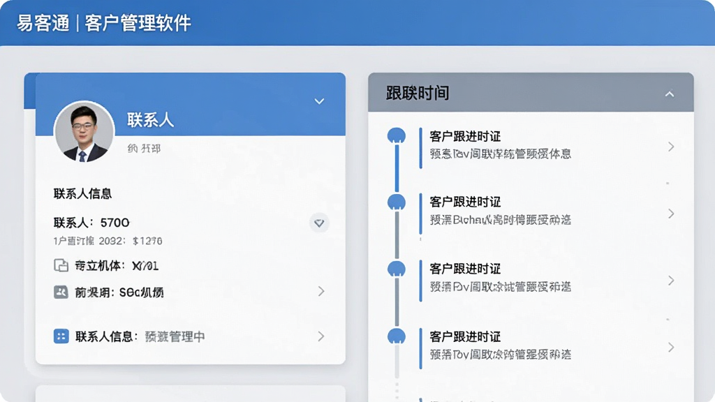易客通客户管理软件客户档案详情页预览图,左侧为联系人信息卡片,右侧为关联的跟进时间线,界面采用卡片式布局,蓝灰配色,文字清晰,风格现代,画质干净,无多余元素