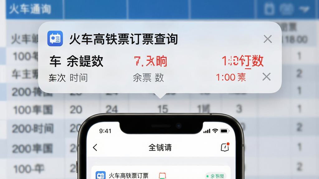 主体:手机通知栏弹出“火车高铁票订票查询”余票提醒消息,背景为模糊的列车时刻表。布局:通知栏位于画面上方,下方为应用界面截图。排版:通知内容醒目,包含车次、时间、余票数。风格:写实与UI结合。细节:通知栏显示“火车高铁票订票查询”名称,红色数字标出余票量。画质:清晰明亮,干净无杂物。
