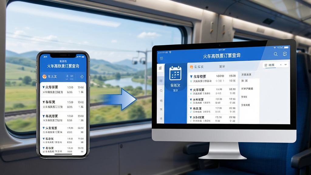 主体:手机与电脑并排展示“火车高铁票订票查询”应用界面,背景为列车窗外风景。布局:左手机右电脑,中间用箭头连接。排版:手机屏幕显示车次列表,电脑屏幕显示同款界面。风格:商务科技感,蓝白配色。细节:屏幕中清晰显示“火车高铁票订票查询”应用名。画质:高清,细节丰富,无多余元素。