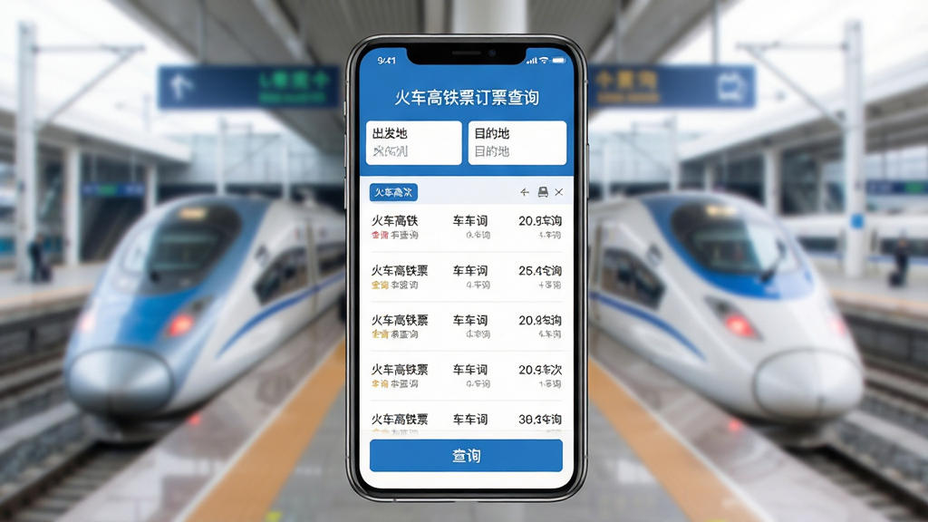 主体:手机屏幕展示“火车高铁票订票查询”应用主界面,顶部显示出发地、目的地输入框,中间是车次列表,底部有查询按钮。布局:居中构图,界面元素清晰排列。排版:信息层级分明,字体简洁。风格:扁平化设计,蓝白主色调。细节:屏幕内显示“火车高铁票订票查询”字样,背景为高铁站台虚化。画质:高清,干净,无多余元素。