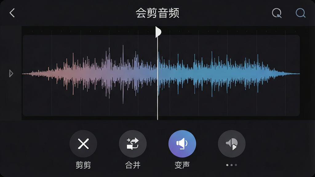 一幅展示会剪音频App主界面的高清截图,界面采用深色主题,中央有波形编辑区域,下方排列剪切、合并、变声等圆形功能按钮,整体风格简洁现代,UI设计干净清晰,文字标签为“会剪音频”,布局规整,画质细腻,无多余元素。