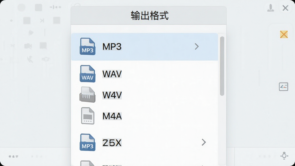 会剪音频格式转换功能界面截图,屏幕中央显示一个格式选择列表,包含MP3、WAV、M4A等选项,每个选项前有对应的文件图标,顶部有“输出格式”标题栏,整体界面采用浅色主题,布局清晰,细节到位,画质干净,无多余元素。