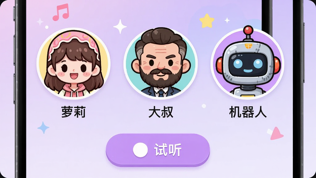 会剪音频变声功能展示图,手机屏幕上有多个卡通头像分别标注“萝莉”、“大叔”、“机器人”,下方有一个试听按钮,背景为淡紫色渐变,界面活泼可爱,布局清晰,细节到位,画质干净,无多余元素。