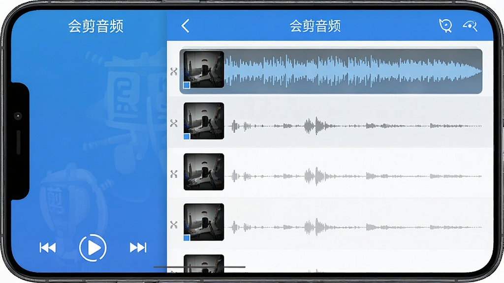 一张会剪音频在手机上的界面截图,屏幕左侧有侧边栏,右侧为音频文件列表,顶部有“会剪音频”字样,界面采用蓝色主题,布局清晰,细节丰富,画质干净,无多余元素。