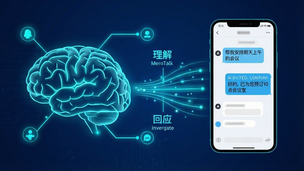 主体:MemoTalk的智能语义理解功能展示,画面中一个大脑形状的图形与聊天界面相连,周围有代表语义分析的节点和线条。布局:左侧为大脑图形,右侧为手机聊天屏幕,中间用流动的光线连接。排版:结构清晰,突出“理解”与“回应”的流程。风格:科技感插画,深蓝色背景,搭配明亮的青色线条。细节:聊天屏幕中显示“帮我安排明天上午的会议”和AI回复“好的,已为您预订10点会议室”。画质:细腻,干净,无多余元素。