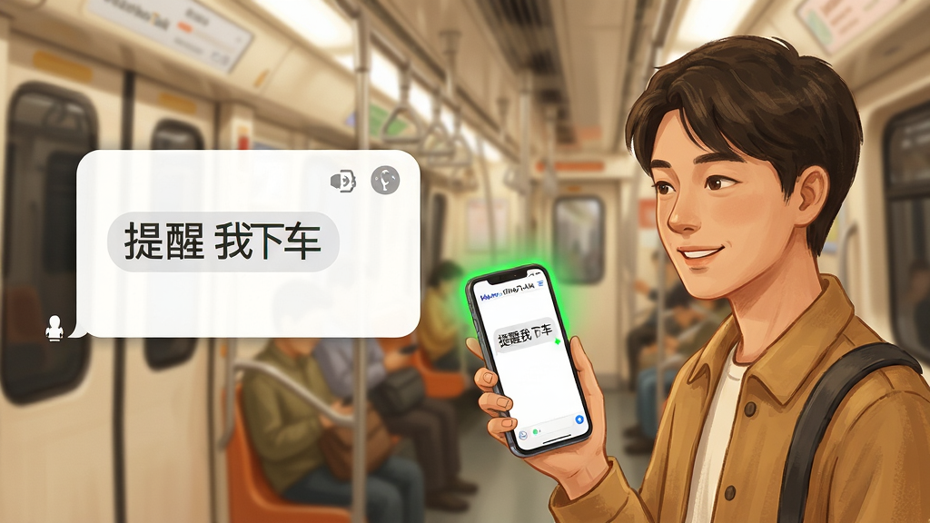 主体:MemoTalk使用场景示意图,画面展示一个人站在地铁中,手持手机正在与MemoTalk对话,屏幕上显示“提醒我下车”的回复。布局:人物位于画面右侧,左侧为放大的对话框,背景为模糊的地铁车厢。排版:突出手机界面,文字清晰可见。风格:写实插画,色调温暖,带有生活气息。细节:人物表情轻松,手机有绿色提示光。画质:高质量,干净,无多余元素。