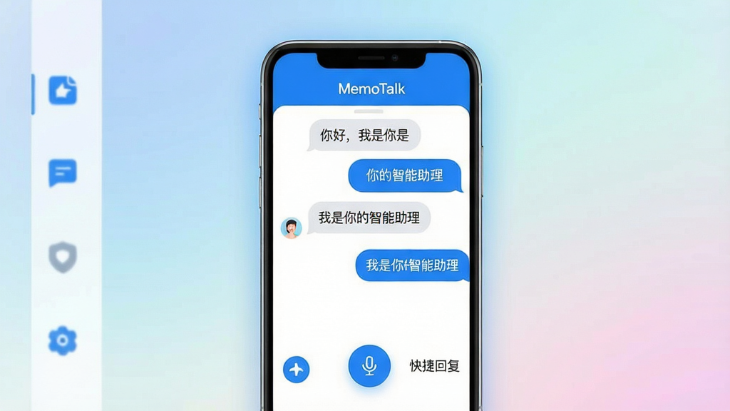 主体:MemoTalk应用界面展示,画面中央是一部智能手机,屏幕显示与AI助手对话的界面,气泡中包含中文问候语“你好,我是你的智能助理”。布局:手机位于视觉中心,背景为柔和的渐变色,左侧有简洁的功能图标排列。排版:界面清晰,对话气泡错落有致,顶部显示“MemoTalk”字样。风格:现代扁平化设计,色彩明快,以蓝色和白色为主色调。细节:屏幕中突出语音输入按钮和快捷回复选项,手机边缘有淡淡的光晕效果。画质:高清渲染,干净,无多余元素。