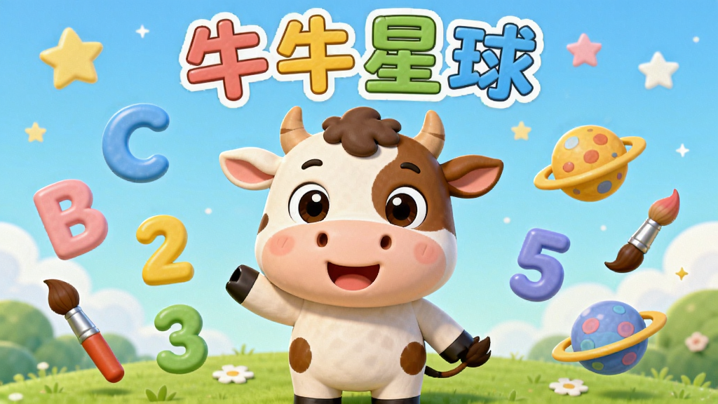 一幅温馨的儿童教育场景,主角是一只可爱的卡通牛“牛牛”站在画面中央,周围漂浮着字母、数字、画笔和星球图标,背景是浅蓝色星空与绿色草地,整体风格明亮活泼,卡通渲染,高画质,干净无多余元素,画面上方文字“牛牛星球”