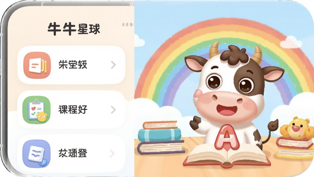 展示牛牛星球APP界面,左侧是课程列表图标,右侧是正在学习字母“A”的卡通牛牛,背景有彩虹和书本,界面布局清晰,色彩柔和,卡通风格,高画质,干净无多余元素,画面中显示“牛牛星球”字样