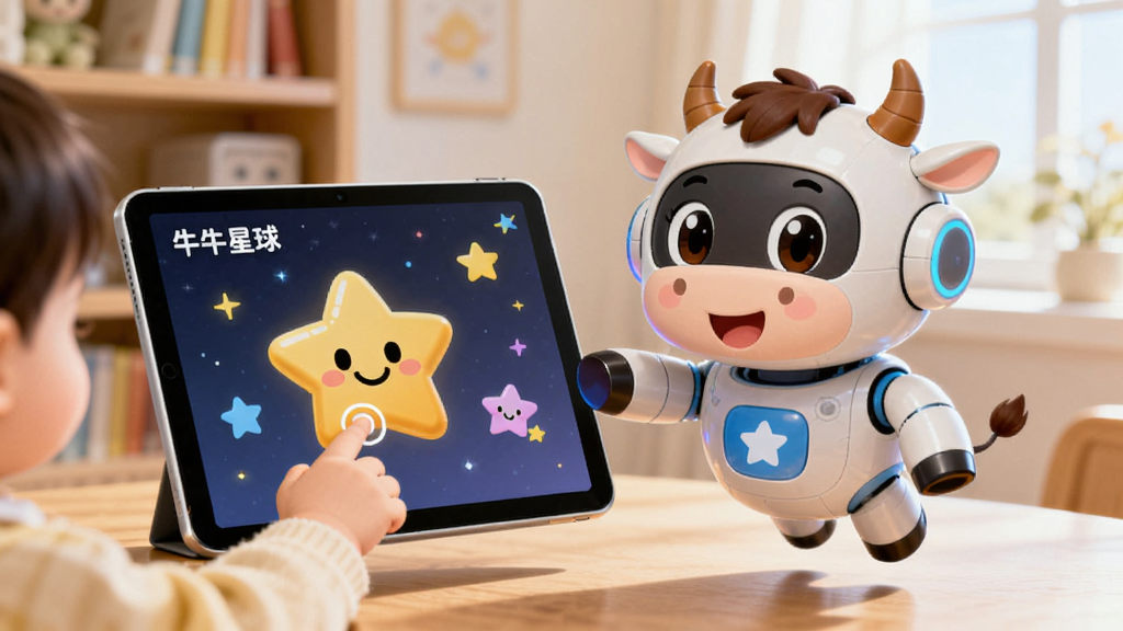 一个智能机器人小牛老师悬浮在平板电脑旁,屏幕上显示星星与笑脸,孩子的小手正在点击屏幕,背景是书房,光线明亮,卡通风格,高画质,干净无多余元素,画面中显示“牛牛星球”