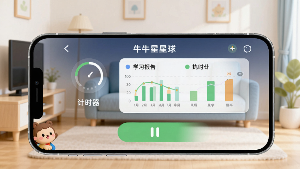 家长手机端显示牛牛星球控制面板,有计时器、学习报告图表和绿色暂停按钮,背景是简约客厅,卡通风格,高画质,干净无多余元素,画面中显示“牛牛星球”