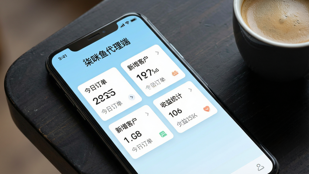 一张智能手机屏幕特写,屏幕中清晰显示柒咪鱼代理端主界面,界面顶部有“柒咪鱼代理端”字样,中部为今日订单数、新增客户、收益统计等数据卡片,整体布局简洁现代,背景为浅蓝色渐变,手机斜放在深色桌面上,旁边有一杯咖啡,画质高清,干净无多余元素