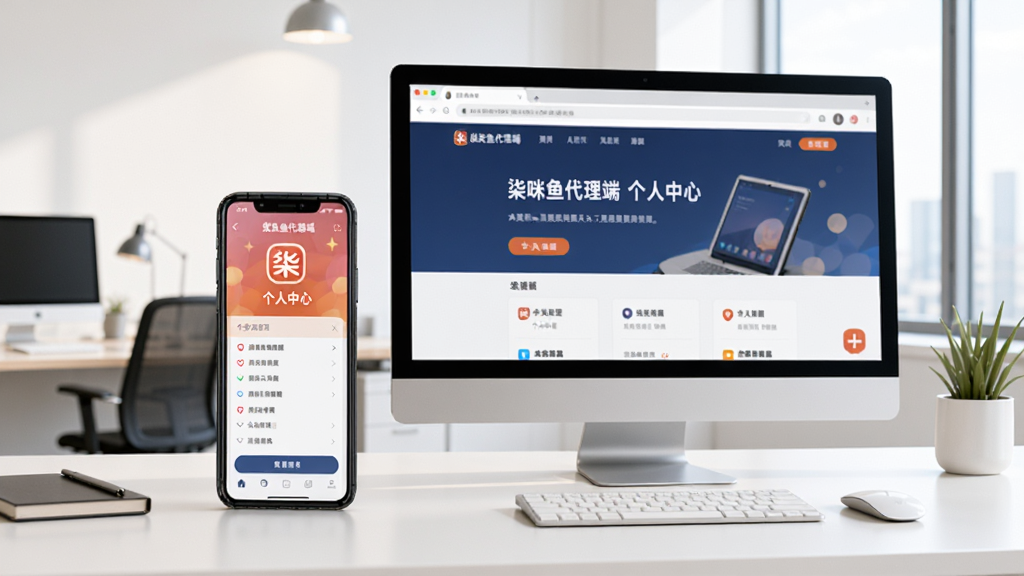 一部手机和一台电脑并排放置,手机屏幕显示柒咪鱼代理端的个人中心页面,电脑屏幕显示同样的网页版界面,背景为明亮的办公室环境,桌面整洁,画质高清,无多余元素