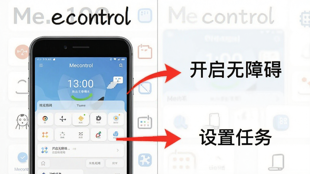 Mecontrol使用教程示意图,主体为手机屏幕显示应用主界面,旁边有步骤标注文字“开启无障碍”、“设置任务”,布局为左右分栏,风格为简洁教学风,细节包含红色箭头指示,画质清晰,干净无多余元素,图片中文字“Mecontrol”