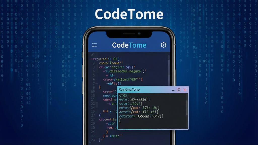 一幅现代科技风格的宣传海报,主体为一部智能手机屏幕显示CodeTome应用界面,界面中有彩色代码行和运行窗口,背景为深蓝色渐变与数字代码雨特效,整体布局居中,排版简洁,风格扁平化,细节包括代码高亮和输出结果,画质清晰干净,无多余元素,屏幕上方显示“CodeTome”字样