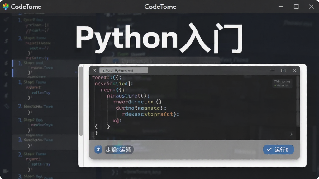 CodeTome内置教程页面预览图,主体为教程列表和示例代码卡片,布局为上下结构,上方标题“Python入门”,下方代码块,排版清晰,风格教育风格,细节包括步骤序号和运行按钮,画质干净,无多余元素,屏幕上方显示“CodeTome”字样