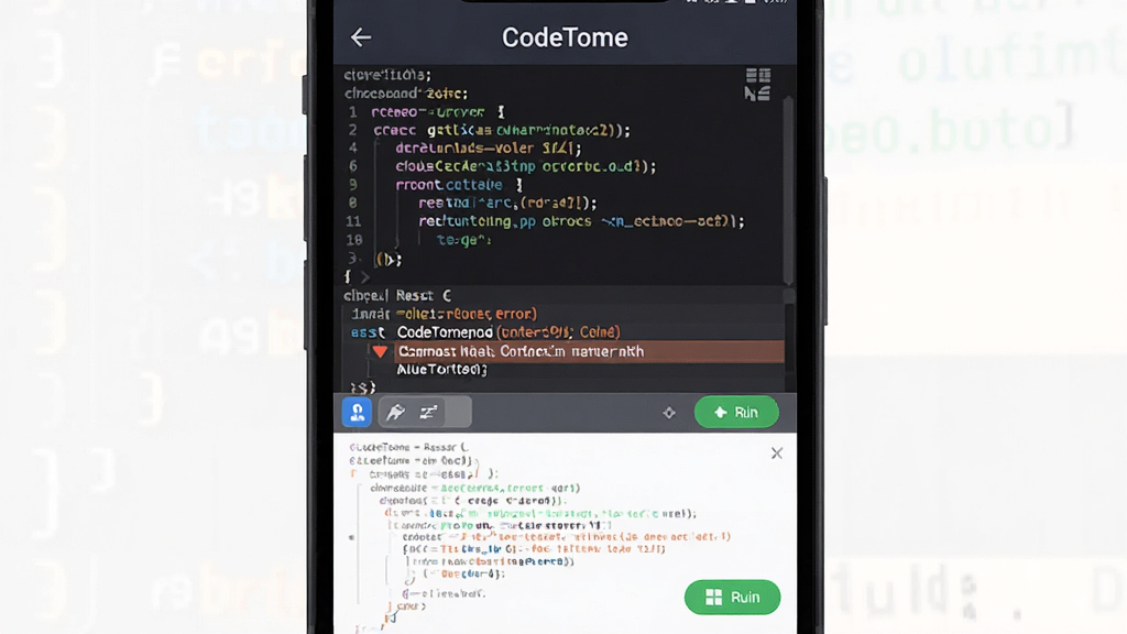 一幅展示CodeTome运行调试过程的截图,主体为手机屏幕上代码下方出现输出结果和调试面板,布局为上下分屏,上方代码下方控制台,排版清晰,风格科技感,细节包括错误提示高亮和运行按钮,画质干净,无多余元素,屏幕上方显示“CodeTome”字样