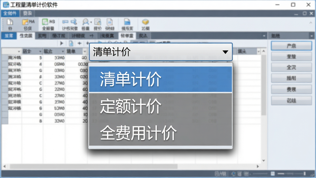 主体:“工程量清单计价软件”的多种计价模式切换界面,背景为软件主窗口,前景展示一个下拉菜单,列出“清单计价”、“定额计价”、“全费用计价”选项。布局:中心构图,下拉菜单突出。排版:菜单文字清晰,选中项有高亮背景。风格:扁平化设计,蓝灰配色。细节:软件窗口背景中可见表格数据与功能按钮,菜单边缘有阴影效果。画质:高清,界面干净。
