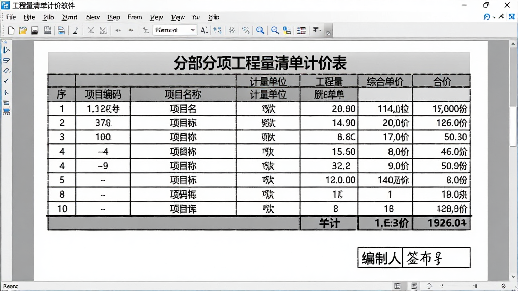 主体:“工程量清单计价软件”生成的报表预览画面,屏幕中展示一份完整的“分部分项工程量清单计价表”,表格行数与列数清晰可见。布局:报表居中显示,软件工具栏在顶部。排版:报表表头灰色底纹,数据字体工整,合计行加粗。风格:商务打印风格,黑白灰为主。细节:表格中显示序号、项目编码、项目名称、计量单位、工程量、综合单价、合价等列,右下角有编制人签字栏。画质:高清,文字锐利,画面干净。